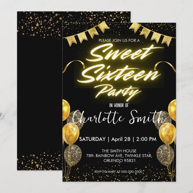 Elegant Guld Blego retro Sweet 16:e födelsedagen Inbjudningar (Fram/baksida)