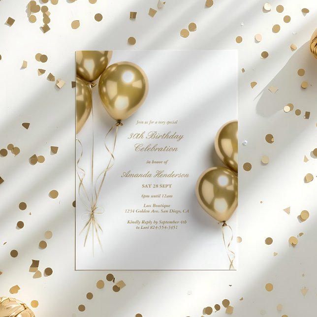 Elegant Guld Blegon Födelsedagsfest Inbjudningar (Gold Birthday Invitation | Gold Balloon Invitation )