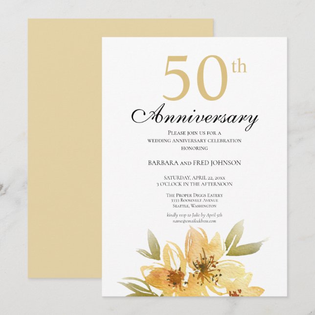 Elegant Guld Blomma 50-årsjubileum Festlig Inbjuda Inbjudningar (Fram/baksida)