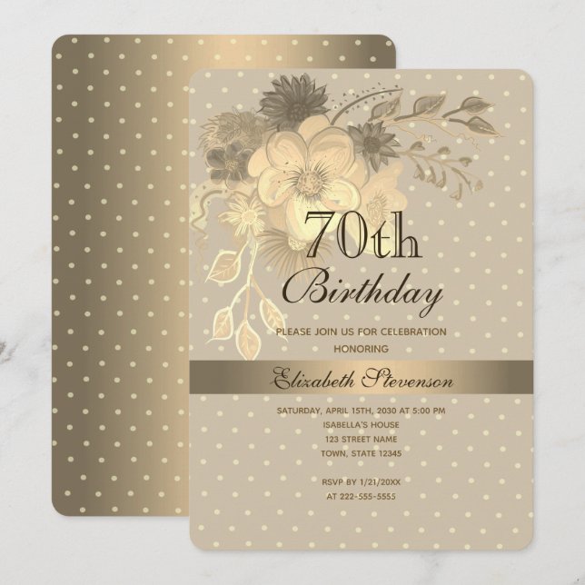 Elegant Guld Blommig 70-årsdag Inbjudningar (Fram/baksida)