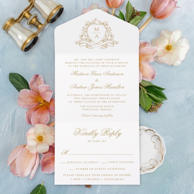 Elegant Guld Blommig Krön Monogram Bröllop (Skapare uppladdad)