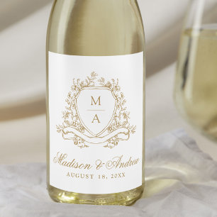 Elegant Guld Blommig Krön Monogram Bröllop Vinflaska Etikett