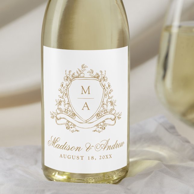 Elegant Guld Blommig Krön Monogram Bröllop Vinflaska Etikett (Skapare uppladdad)