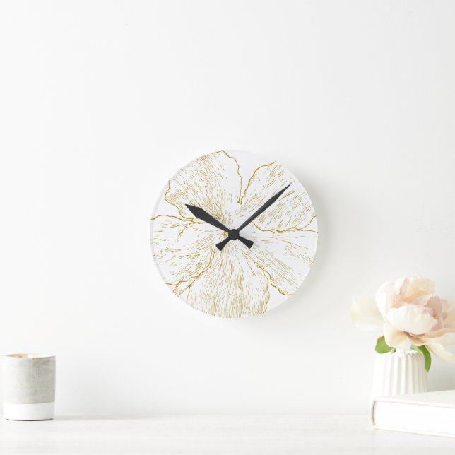 Elegant Guld Blommig Linje Konst Minimalistisk Run Rund Klocka (Hem)