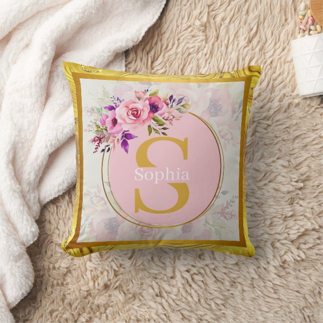 Elegant Guld Blommig Monogram I Personligt Namn Kudde (Filt)
