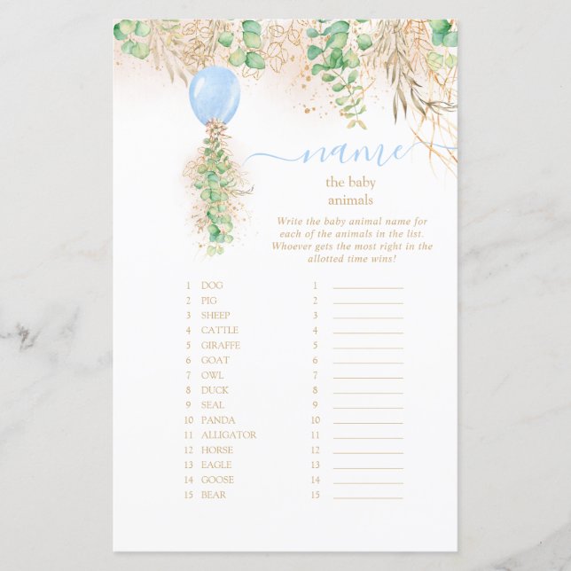 Elegant guld blommig Namn Baby Djur Baby Shower  (Framsida)