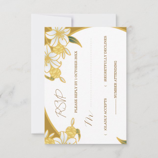 Elegant Guld Blommig RSVP-kort – Lyxigt Bröllop & OSA Kort (Framsida)