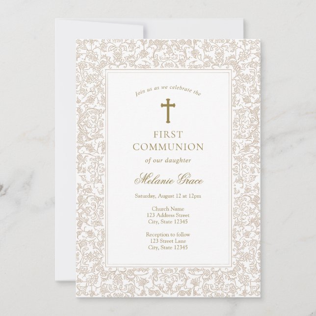 Elegant Guld Blommig Traditionell Första Kommunion Inbjudningar (Framsida)