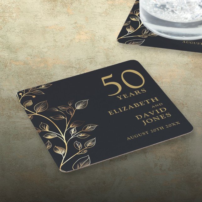 Elegant Guld Blommigt 50:e Bröllop-årsdagen Underlägg Papper Kvadrat (Elegant Gold Floral 50th Wedding Anniversary Square Paper Coaster)