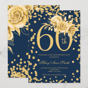 Elegant Guld Blommigt 60:e Födelsedagsfestens flot Inbjudningar