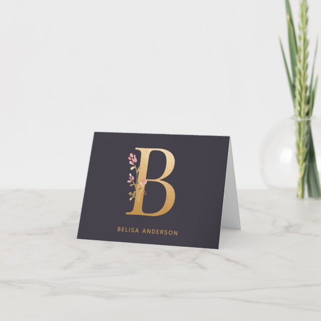 Elegant Guld Blommigt B Monogram Chic Personlig Anteckningskort (Framsida)