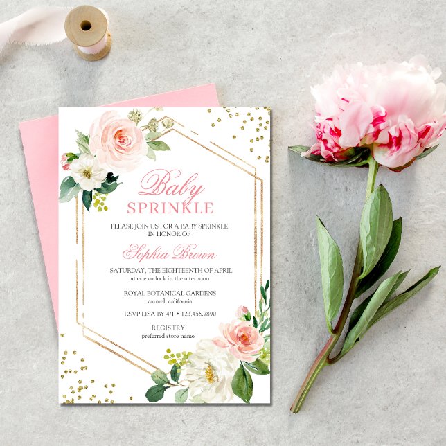 Elegant  Guld Blommigt Baby Sprinkle Brunch Inbjudningar (Pink Floral Baby Sprinkle Invitation)