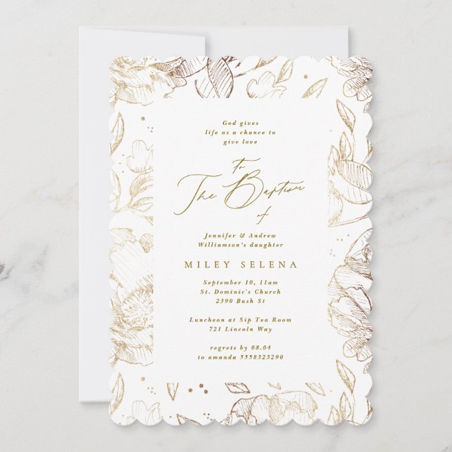 Elegant Guld Blommigt Botaniskt baptismfoto Inbjudningar (Framsida)