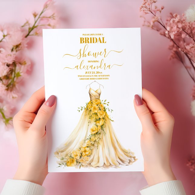 Elegant Guld Blommigt Bröllop Dress Möhippa Inbjudningar (Skapare uppladdad)