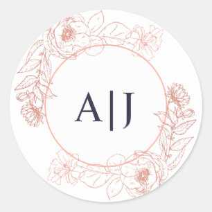 Elegant Guld Blommigt Bröllop Monogram Runt Klistermärke