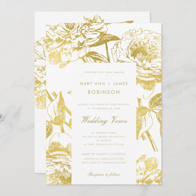 Elegant Guld Blommigt Bröllop Vow Renewal Inbjudningar (Fram/baksida)