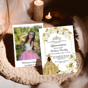 Elegant Guld Blommigt Butterfly Quinceanera Inbjudningar