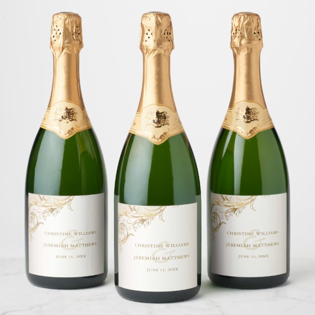 Elegant Guld Blommigt Damask Shiny Sparkling Vin W (Flaskor)