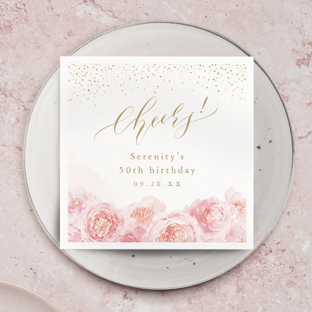 Elegant guld &  blommigt firar födelsedag pappersservett (Elegant gold & blush floral cheers birthday napkins)