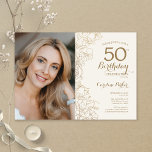 Elegant Guld Blommigt Foto 50:e födelsedagen Inbjudningar<br><div class="desc">Guld och elfenbenskräm blommigt 50 födelsedagsfest inbjudan med ditt foto på kortets framsida. Minimalistisk modern design med botaniska konturaccenter för teckning, faux guld-folie och typografi-skript. Enkel inbjudan-kortsperfekt för trendig för en snyggt kvinna på dagen firande. Kan anpassas till vilken ålder som helst. Skrivna Zazzle-inbjudningar eller digital utskrivbar mall för omedelbar...</div>