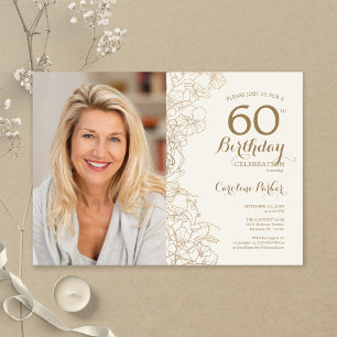 Elegant Guld Blommigt Foto 60:e födelsedagen Inbjudningar