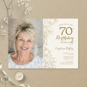 Elegant Guld Blommigt Foto 70:e födelsedagen Inbjudningar
