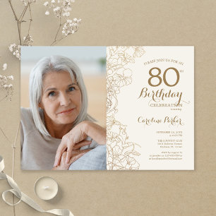 Elegant Guld Blommigt Foto 80:e födelsedagen Inbjudningar