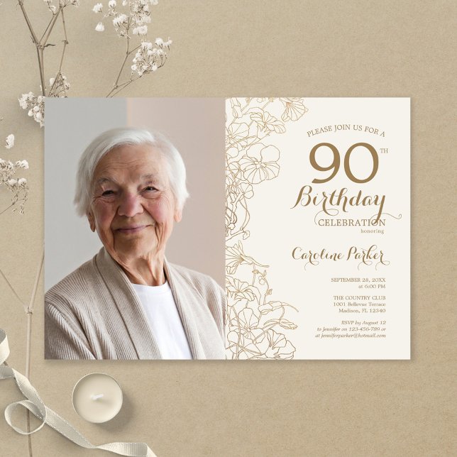 Elegant Guld Blommigt Foto 90:e födelsedag Inbjudningar (Skapare uppladdad)