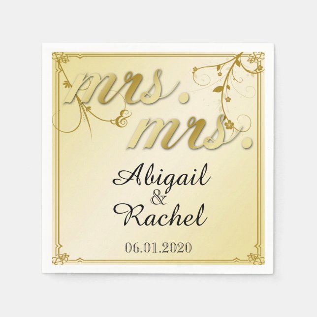 Elegant Guld Blommigt, fru Bröllop Napkin Pappersservett (Framsidan)