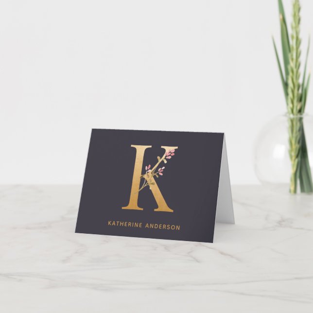 Elegant Guld Blommigt K Monogram Chic Personlig Anteckningskort (Framsida)