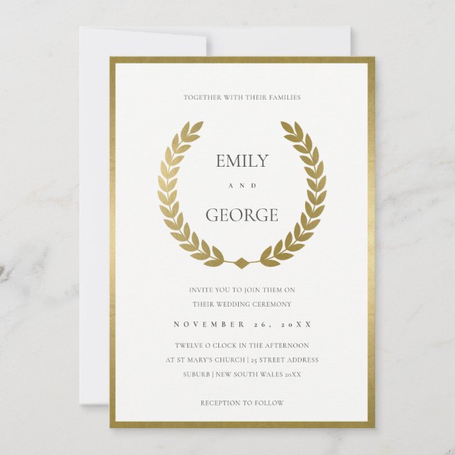 ELEGANT GULD BLOMMIGT LAUREL WEDDING INVITE FÖR WR TACK KORT (Framsida)