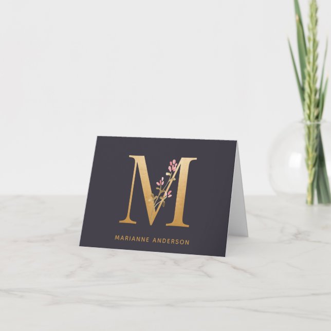 Elegant Guld Blommigt M Monogram Chic Personlig Anteckningskort (Framsida)