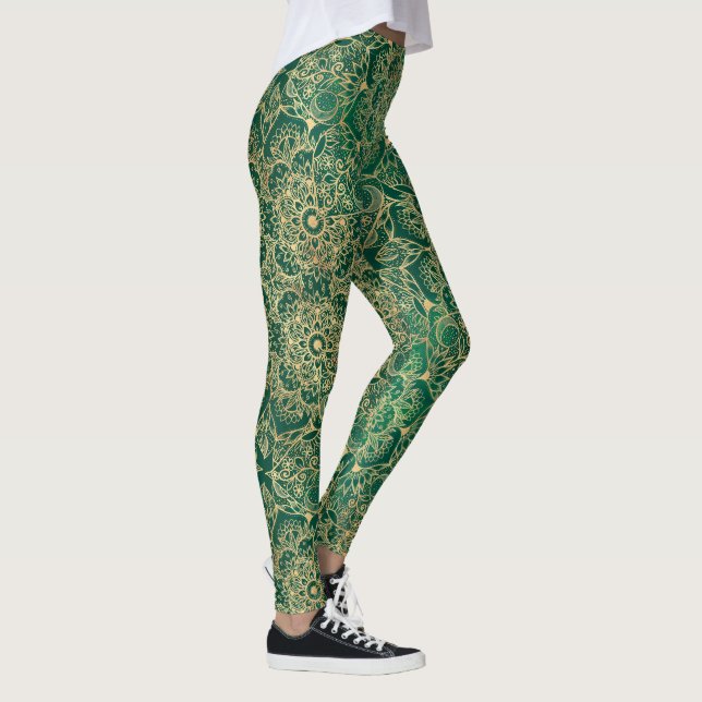Elegant Guld Blommigt Mandala Grönt Design Leggings (Höger)