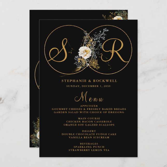 Elegant Guld Blommigt Monogram Namn Initial Bröllo Meny (Fram/baksida)