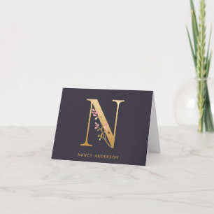 Elegant Guld Blommigt N Monogram Chic Personlig Anteckningskort