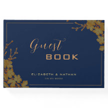 Elegant Guld Blommigt Navy Blue Guestbook
