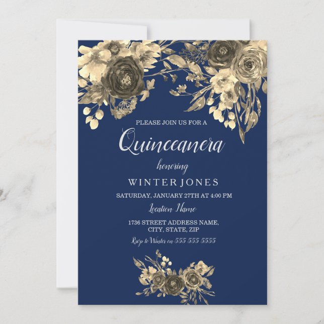 Elegant Guld Blommigt Navy Blue Quinceanera Inivte Inbjudningar (Framsida)
