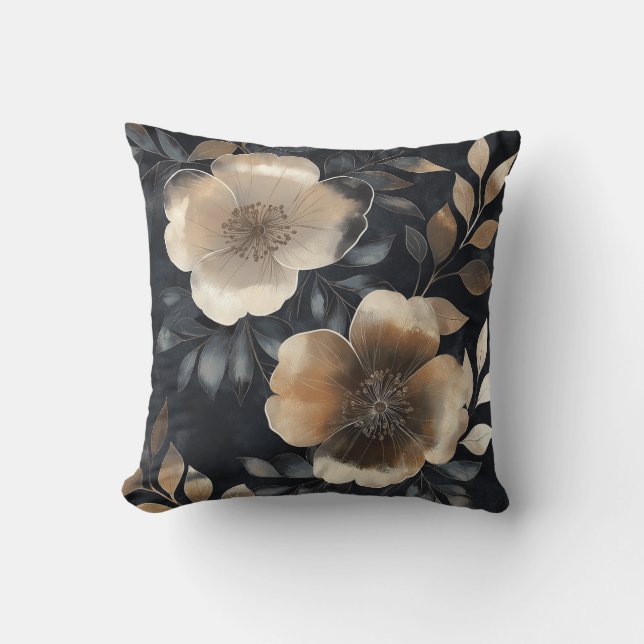 Elegant Guld Blommigt på Black Kudde (Framsida)