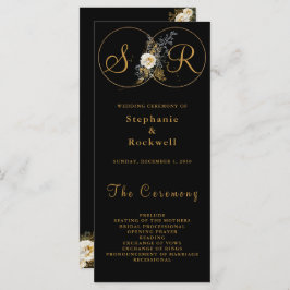 Elegant Guld Blommigt på det svarta Bröllopsprogra