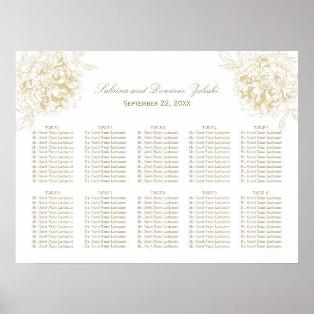 Elegant Guld Blommigt Peony Bröllop Seating Poster (Framsidan)