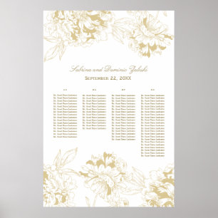 Elegant Guld Blommigt Peony Bröllop Seating Poster