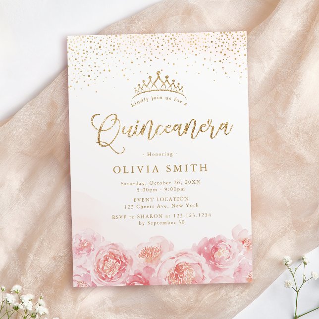 Elegant guld &  blommigt Quinceanera Inbjudningar (Elegant script gold & blush floral Quinceanera Invitation)
