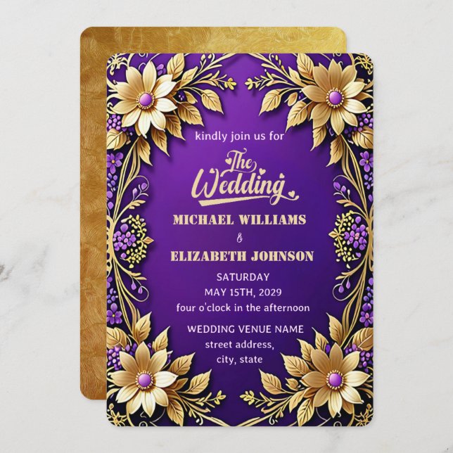 Elegant Guld Blommigt Ram Lila Bröllop Inbjudningar (Fram/baksida)