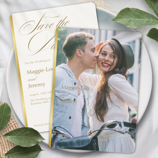 Elegant Guld  Blommigt-skript Bröllop Photo Spara Datumet (Skapare uppladdad)