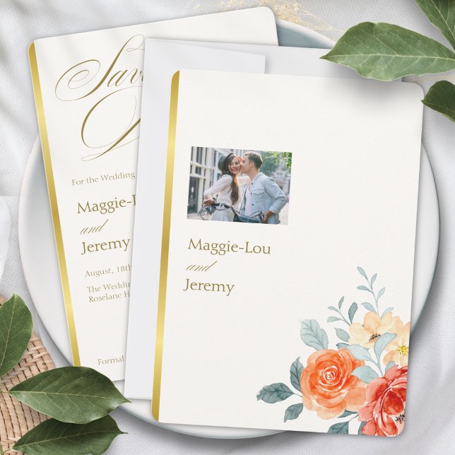 Elegant Guld  Blommigt-skript Bröllop Photo Spara Datumet (Skapare uppladdad)