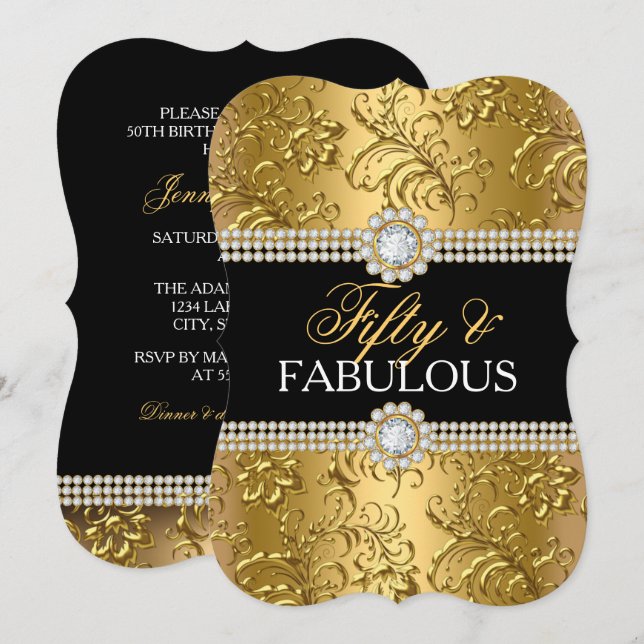 Elegant Guld Blommigt Swirl 50 och Fabulous Party Inbjudningar (Fram/baksida)