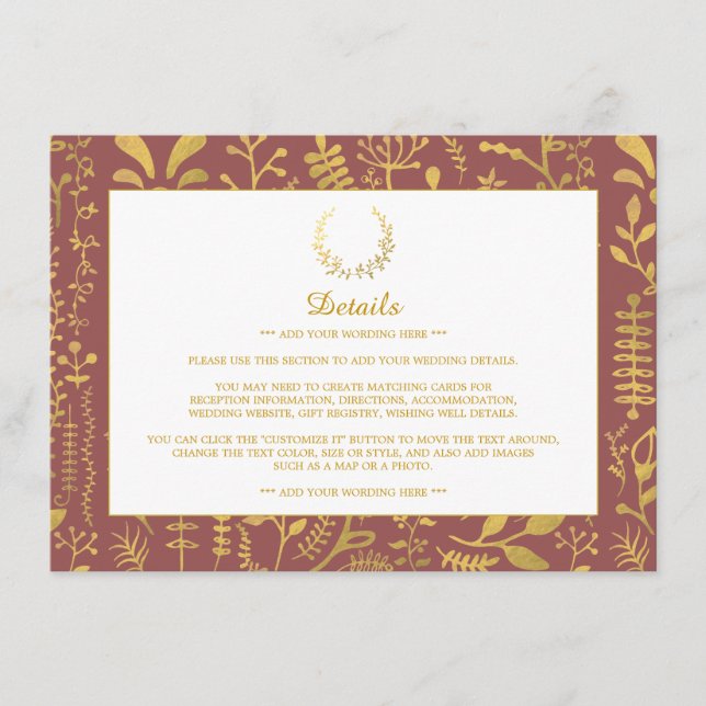 Elegant Guld Blommigt Utandning Bröllop Detalj Tilläggskort (Framsida)