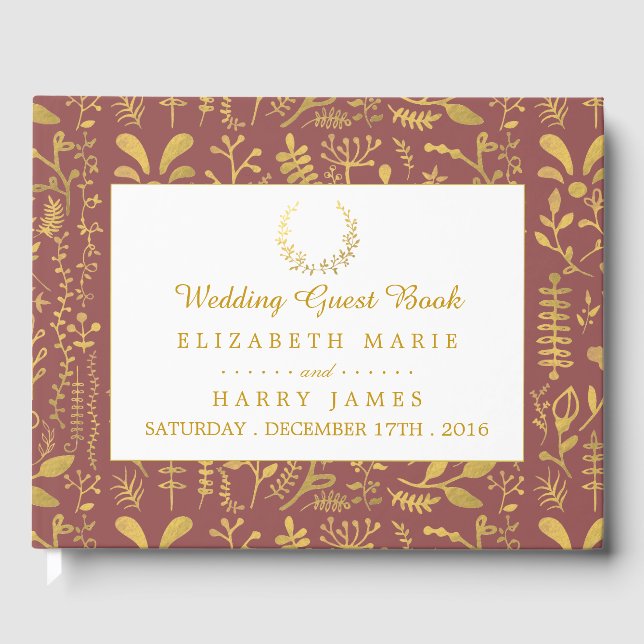 Elegant Guld Blommigt Utandning Bröllop Gästböcker (Framsida)