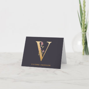 Elegant Guld Blommigt V Monogram Chic Personlig Anteckningskort