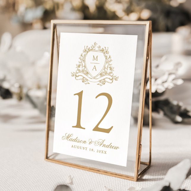 Elegant Guld Blommigt Vapensköld Monogram Bröllop Bordsnummer (Skapare uppladdad)